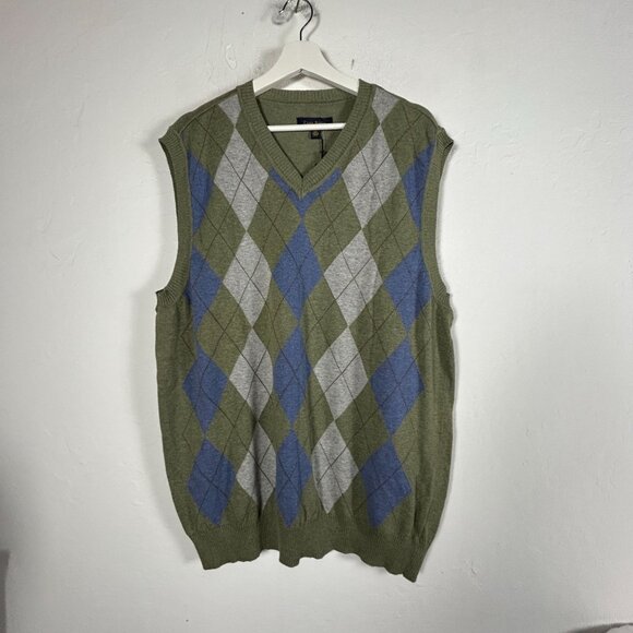 Club Room Men XL V-Neck Pullover Argyle Sweater Vest Green/Blue Knit Relaxed New - Picture 1 of 5